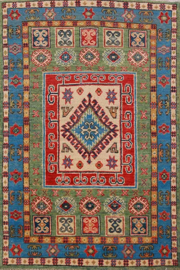 Green Kazak Handmade Wool Accent Rug 3x4