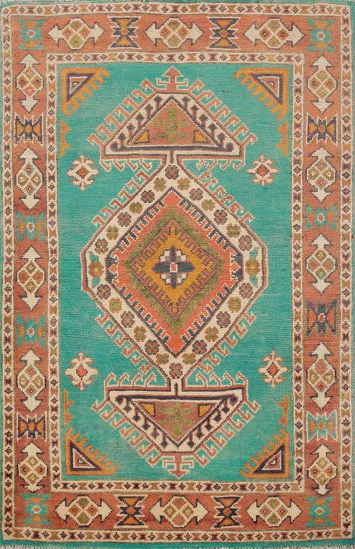Turquoise Green Kazak Handmade Wool Accent Rug 3x4