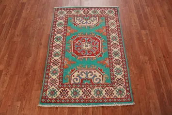 Turquoise Green Kazak Handmade Wool Accent Rug 3x4
