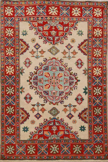 Ivory Kazak Handmade Wool Accent Rug 3x4