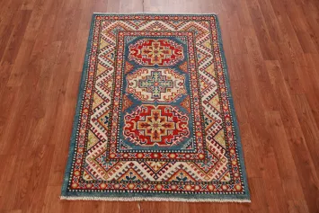 Blue Geometric Kazak Handmade Wool Accent Rug 3x4