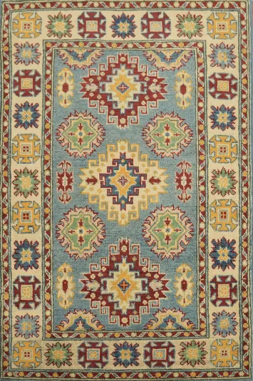 Traditional Elegance: Vibrant Blue Kazak Tribal Motif Area Rug Design 3x4 ft