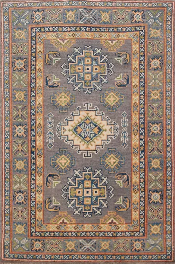 Gray Geometric Kazak Handmade Wool Accent Rug 3x4