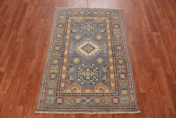 Gray Geometric Kazak Handmade Wool Accent Rug 3x4