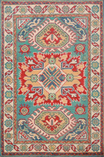 Turquoise Kazak Handmade Wool Accent Rug 3x4