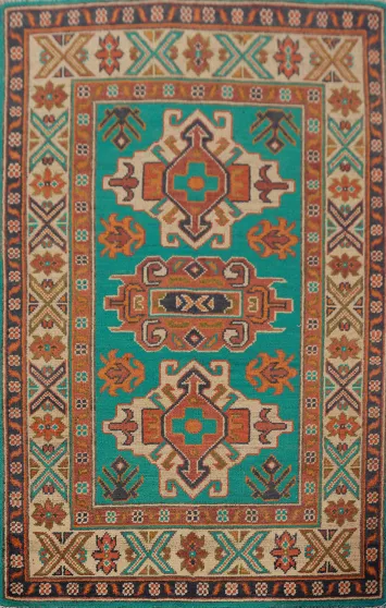 Turquoise Green Kazak Handmade Wool Accent Rug 3x4