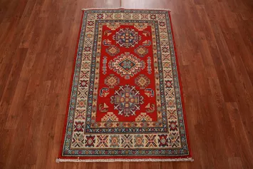 Red Geometric Kazak Handmade Wool Accent Rug 3x4