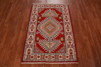 Geometric Red Kazak Handmade Wool Accent Rug 3x4