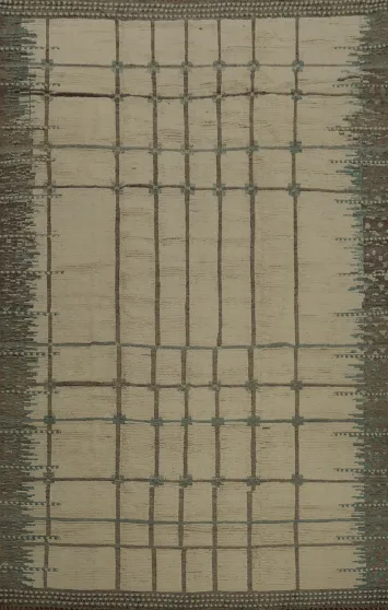 Classy Neutral-Toned Moroccan Large Rug 12x15 with Grid Aesthetic