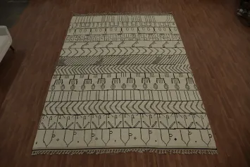 All-Over Ivory Wool Moroccan Oriental Large Rug 10x14