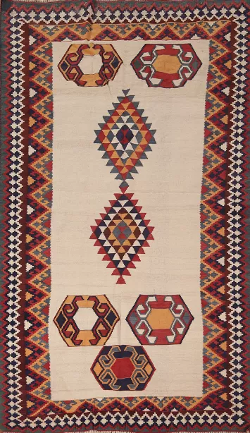 Vintage Wool Geometric Kilim Qashqai Persian Rug 4x8