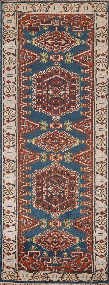 Blue Geometric Viss Oriental Runner Rug 3x8