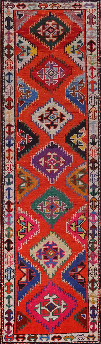 Orange Tribal Silk Anatolian Oriental Runner Rug 3x13