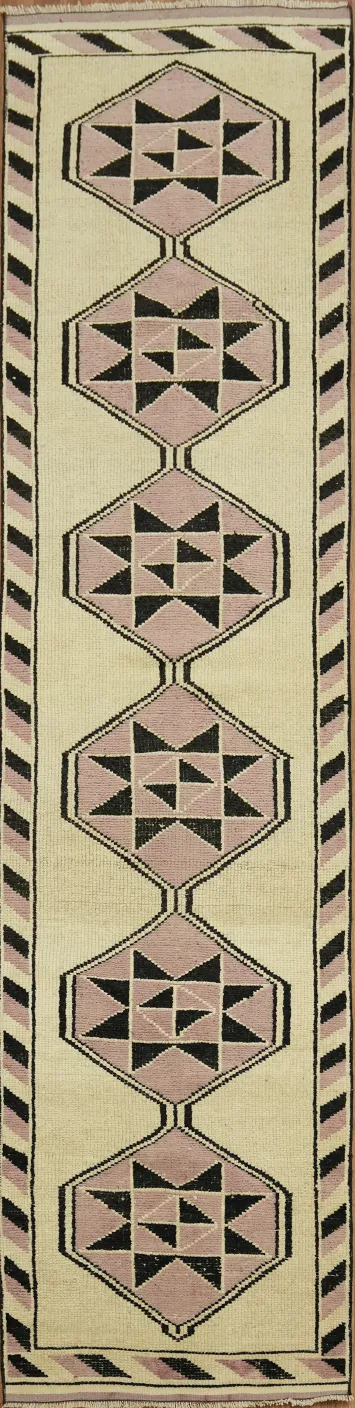 Rustic Charm Turkish Long Runner Rug with Neutral Tones Beige and Pink and Star Shapes 3x12