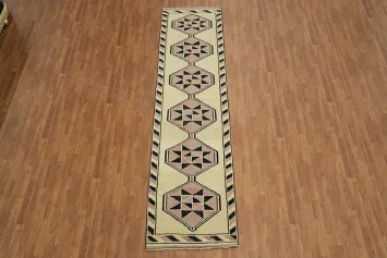 Rustic Charm Turkish Long Runner Rug with Neutral Tones Beige and Pink and Star Shapes 3x12