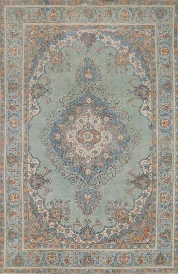 Turquoise Green Wool Tabriz Persian Area Rug 7x10