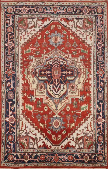 Orange Wool Handmade Heriz Serapi Oriental Rug 4x6