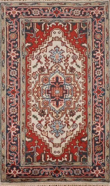 Ivory Geometric Heriz Serapi Oriental Rug 3x5