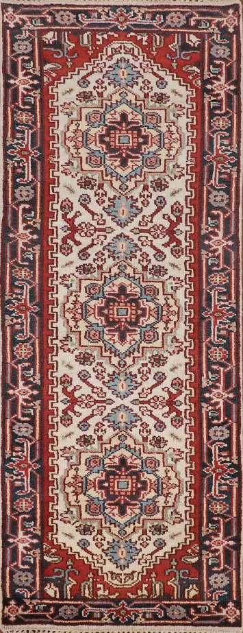 Ivory Geometric Heriz Serapi Oriental Runner Rug 3x8