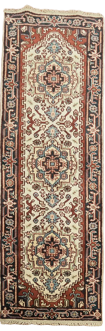 Ivory Geometric Heriz Serapi Oriental Runner Rug 3x8
