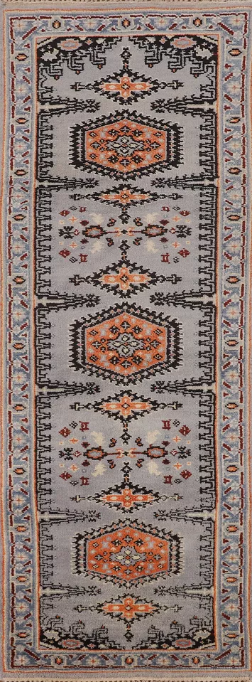 Gray Geometric Viss Indian Runner Rug 3x8