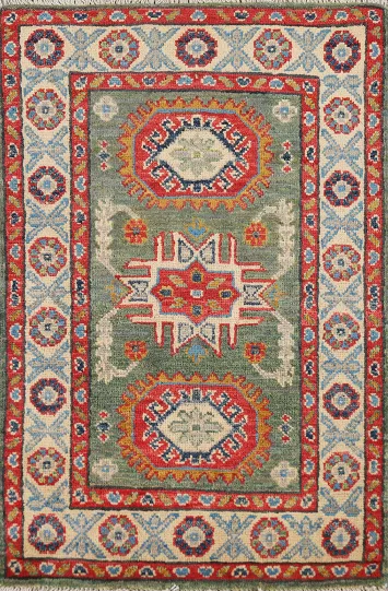 Green Geometric Kazak Oriental Accent Rug 2x3