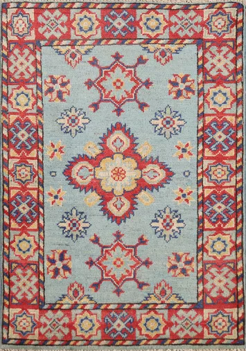 Light Blue Geometric Kazak Oriental Accent Rug 2x3
