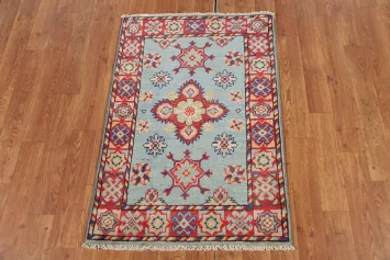 Light Blue Geometric Kazak Oriental Accent Rug 2x3