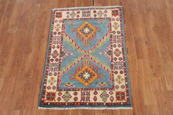 Light Blue Geometric Kazak Oriental Accent Rug 2x3