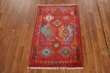 Geometric Red Kazak Oriental Foyer Rug 2x3