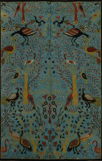 Decorative Handmade Blue Area Rug with Symmetrical Bird Design 8x10