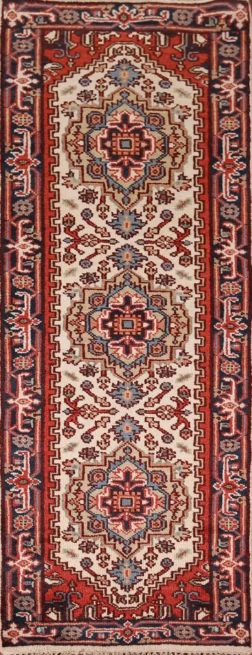 Ivory Wool Geometric Heriz Serapi Oriental Runner Rug 3x8