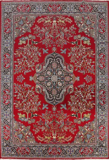 Animals Red Floral Kashan Turkish Area Rug 10x13