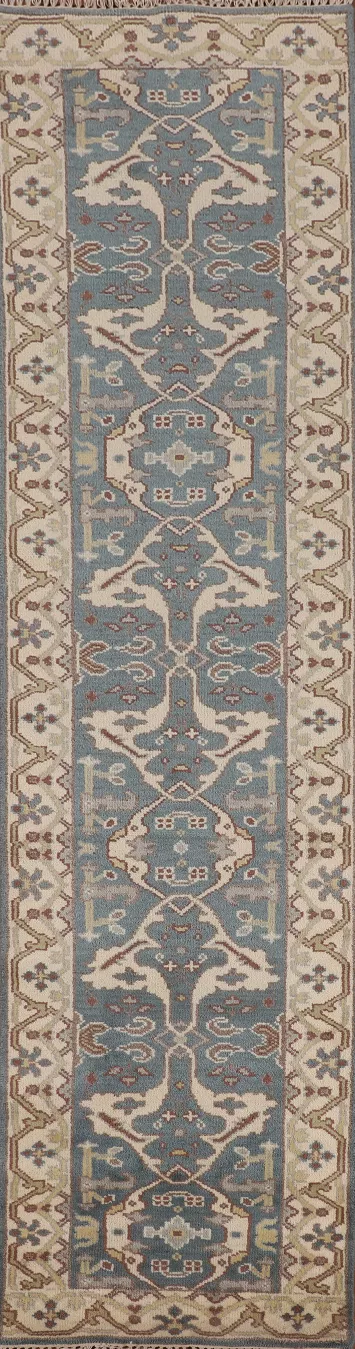 Light Blue Handmade Oushak Indian Runner Rug 2x12