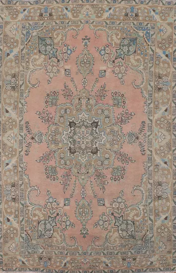 Distressed Pink Wool Tabriz Persian Area Rug 7x10