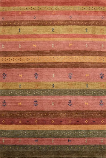 Warm Striped Gabbeh Rug with Traditional Motifs and Subtle Earth Hues 5x8