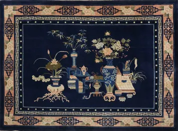 Dark Blue Pictorial Art Deco Chinese Rug 5x7