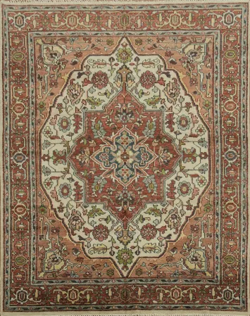 Ivory & Orange Wool Heriz Serapi Indian Area Rug 8x10