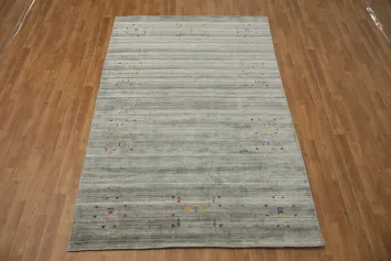 Gray & Green Striped Silk Gabbeh Oriental Area Rug 5x8