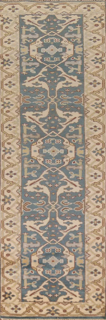 Light Blue Handmade Oushak Indian Runner Rug 3x10