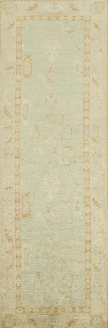Muted Pastel Green Oushak Turkish Runner Rug 4x12 ft