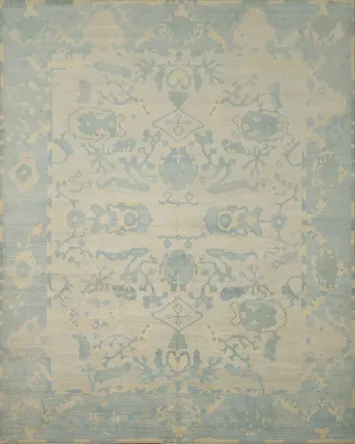 Elegant Pale Blue and Beige Oushak Turkish Large Rug 9x12