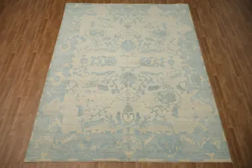 Elegant Pale Blue and Beige Oushak Turkish Large Rug 9x12