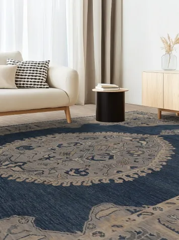 Blue Geometric Oushak Vegetable Dye Large Rug 10x14