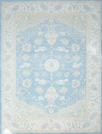 Hand-Knotted Blue Oushak Turkish Area Rug - 9x12 Vegetable Dye Wool Rug