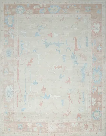 Elegant Beige and Pastel Blue Oushak Turkish Living Room Rug 9x12