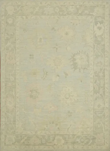 Vintage-Inspired Floral Pale Blue Oushak Turkish Area Rug in Subtle Muted Tones 10x14