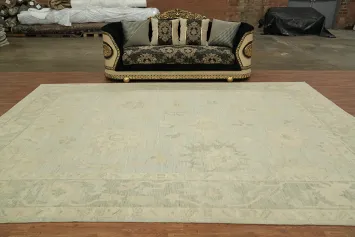 Vintage-Inspired Floral Pale Blue Oushak Turkish Area Rug in Subtle Muted Tones 10x14