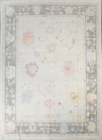 Ivory with Charcoal Border Oushak Turkish Area Rug 9x12