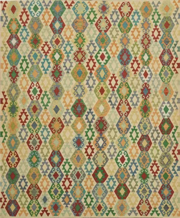 Vibrant Multi-Colored Flat-Weave Kilim Rug with Unique Geometric Pattern 8x10
